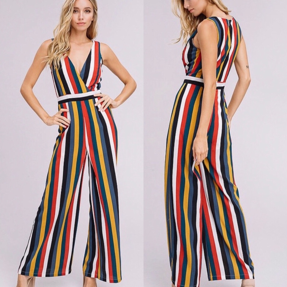 Multi Color Striped V-Neck Jumpsuit